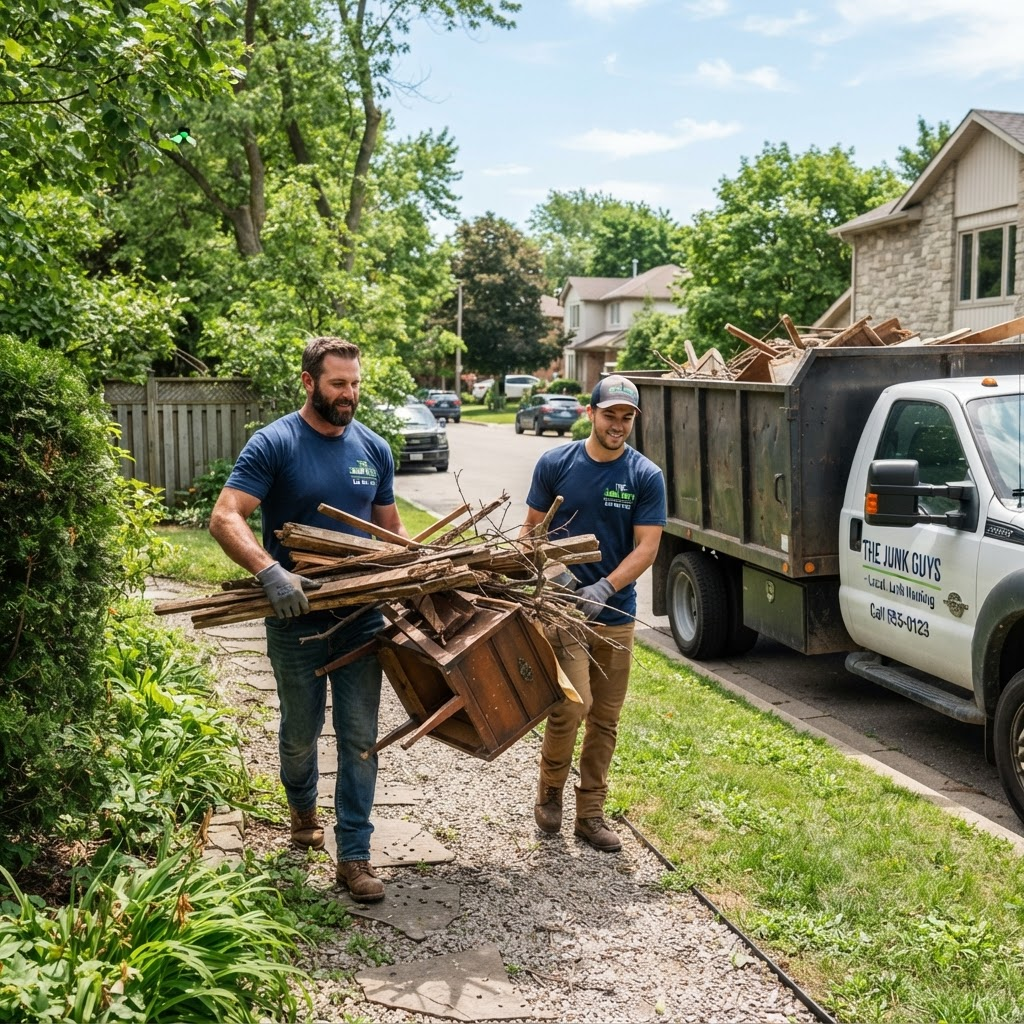 Mike and Dave carrying yard debris out to the truck